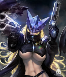 Rule 34 | 1girl, abs, absurdres, aiming, arm up, artist logo, beelstarmon, belt, black coat, black gloves, black hair, blazingpumpkin, blonde hair, braid, breasts, cape, coat, combination weapon, demon girl, digimon, digimon (creature), dual wielding, evil grin, evil smile, eye mask, fang, foreshortening, gloves, grin, gun, hand up, handgun, highres, holding, holding gun, holding weapon, knife, large breasts, lens flare, lipstick, long hair, long sleeves, looking at viewer, makeup, mask, midriff, multicolored hair, multiple-barrel firearm, navel, open clothes, open coat, outstretched arm, pistol, purple eyes, purple lips, revealing clothes, revolver, rizoma de loto, slit pupils, smile, smoke, solo, stomach, teeth, third eye, toned, torn cape, torn clothes, torn coat, triple-barreled revolver, twin braids, two-tone hair, underboob, upper body, very long hair, volley gun, watermark, weapon, zipper