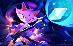 Rule 34 | 1girl, absurdres, animal ears, blaze the cat, cat ears, cat girl, cat tail, eyelashes, forehead jewel, furry, furry female, gloves, highres, holding, holding staff, looking at viewer, miitara, ponytail, purple fur, smile, sonic (series), staff, tail, white gloves, yellow eyes