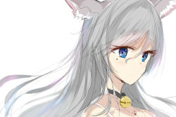 Rule 34 | 1girl, animal ear fluff, animal ears, bad id, bad pixiv id, bare shoulders, bell, black choker, blue eyes, blush, choker, closed mouth, commentary request, grey hair, hair between eyes, haru (nature life), jingle bell, long hair, mole, mole under eye, neck bell, original, portrait, simple background, sketch, solo, white background