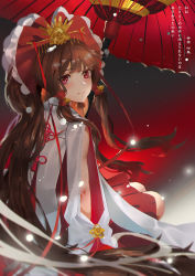 Rule 34 | 1girl, :|, alternate costume, arms at sides, blunt bangs, blush, bow, brown hair, closed mouth, commentary, floating hair, frilled bow, frills, from behind, hair bow, hair tubes, hakama, hakurei reimu, highres, japanese clothes, long hair, long sleeves, looking at viewer, looking back, miko, parasol, pink eyes, red bow, red hakama, red ribbon, ribbon, shirt, shori bun, sidelocks, sitting, solo, touhou, translation request, umbrella, very long hair, white shirt