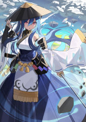 Rule 34 | 1girl, alternate costume, black hat, blue hair, blue skirt, blue sky, bridal gauntlets, cloud, commentary request, day, detached sleeves, eyes visible through hair, falken (yutozin), hair between eyes, hat, highres, hinanawi tenshi, holding, holding sword, holding weapon, long hair, looking at viewer, outdoors, parted lips, red eyes, skirt, sky, solo, sword, touhou, weapon, wide sleeves
