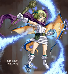 Rule 34 | 1girl, animal ears, blonde hair, blue eyes, dragon ears, dragon girl, dragon quest, dragon quest v, dragon tail, dragon wings, dress, fangs, fins, gloves, hayakawa pao, head fins, hero&#039;s daughter (dq5), highres, short hair, solo, square enix, tail, torn clothes, torn dress, torn gloves, transformation, wings