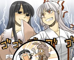 Rule 34 | 4girls, animal ears, bad id, bad pixiv id, black eyes, black hair, bow, brown eyes, burnt, clenched teeth, covering face, covering own mouth, covering privates, female focus, fujiwara no mokou, grin, hair bow, houraisan kaguya, inaba tewi, japanese clothes, koyama shigeru, large bow, lightning, long hair, multiple girls, o o, ojou-sama pose, pointing, prank, rabbit ears, reisen udongein inaba, rivals, silver hair, sleeves past wrists, smile, smirk, smoke, suspenders, tears, teeth, touhou, translation request