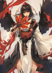 Rule 34 | 1girl, black hair, black wings, hand fan, hat, covered mouth, japanese clothes, kimono, kourindou tengu costume, long hair, long sleeves, looking at viewer, makai no juumin, obi, pinky out, red eyes, ribbon, ribbon-trimmed sleeves, ribbon trim, sash, shameimaru aya, solo, tokin hat, touhou, traditional clothes, wings