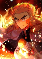 Rule 34 | 1boy, absurdres, bad id, bad pixiv id, black jacket, blurry, blurry background, cape, closed mouth, commentary request, depth of field, forked eyebrows, highres, jacket, katana, kimetsu no yaiba, looking at viewer, male focus, multicolored hair, orange hair, pekerika, red eyes, red hair, rengoku kyoujurou, smile, solo, streaked hair, sword, thick eyebrows, upper body, weapon, white cape