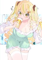 Rule 34 | 1girl, ahoge, alcohol, beer, beer mug, blonde hair, breasts, chikuwa., cleavage, collarbone, commentary request, cup, dress, frilled dress, frills, green dress, green eyes, green hair, highres, holding, holding cup, long hair, long sleeves, medium breasts, mug, multicolored hair, no shoes, off-shoulder dress, off shoulder, original, solo, standing, standing on one leg, streaked hair, thighhighs, translation request, two side up, very long hair, white thighhighs