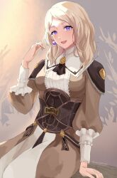 Rule 34 | 1girl, blonde hair, breasts, commentary request, corset, desupisaro 122, dress, earrings, fire emblem, fire emblem: three houses, frilled dress, frills, highres, jewelry, leather, looking at viewer, medium breasts, mercedes von martritz, nintendo, open mouth, pearl earrings, purple hair, solo