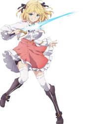 Rule 34 | 1girl, ahoge, anisphia wynn palettia, ascot, black bow, black footwear, black ribbon, blazer, blonde hair, boots, bow, breasts, energy sword, fanged bangs, fighting stance, footwear bow, frilled skirt, frilled sleeves, frills, full body, green eyes, grin, hair ribbon, high-waist skirt, holding, holding sword, holding weapon, holster, jacket, knee boots, long sleeves, looking at viewer, medium breasts, neck ribbon, official art, open clothes, open jacket, over-kneehighs, pink skirt, ribbon, second-party source, shirt, shirt tucked in, short hair, sidelocks, simple background, skirt, smile, solo, standing, sword, tachi-e, tensei oujo to tensai reijou no mahou kakumei, thigh holster, thighhighs, thighhighs under boots, transparent background, two side up, v-shaped eyebrows, weapon, white ascot, white jacket, white shirt, white thighhighs
