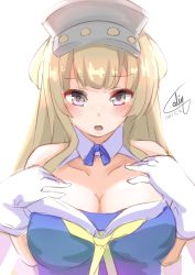 Rule 34 | 1girl, blonde hair, blue shirt, blush, breasts, calin, cleavage, double bun, fletcher (kancolle), gloves, hair between eyes, hair bun, hair ornament, hairband, hands on own chest, highres, kantai collection, large breasts, long hair, looking at viewer, neckerchief, off shoulder, open mouth, purple eyes, sailor collar, school uniform, serafuku, shirt, simple background, solo, star (symbol), star hair ornament, twitter username, white background, white gloves, white sailor collar, yellow neckerchief