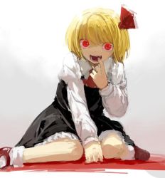 Rule 34 | 1girl, ankle socks, blonde hair, finger in own mouth, glowing, glowing eyes, hair ribbon, mary janes, md5 mismatch, open mouth, red eyes, resized, ribbon, rumia, shoes, short hair, sitting, skirt, socks, solo, suna (s73d), touhou, wariza