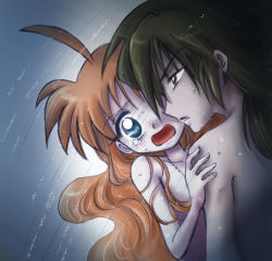 00s 1boy 1girl ahiru_(princess_tutu) ahoge blue_eyes couple fakir_(princess_tutu) freckles hetero jewelry necklace nude open_mouth princess_tutu tears