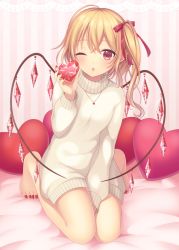 Rule 34 | 1girl, ;o, ahoge, alternate costume, barefoot, bed sheet, between legs, blonde hair, crystal, dress, flandre scarlet, full body, gem, hair ribbon, hand between legs, heart, heart necklace, heart-shaped pillow, heart wings, highres, holding, jewelry, kneeling, knees together feet apart, long hair, long sleeves, looking at viewer, nail polish, necklace, no headwear, one eye closed, one side up, open mouth, pendant, pillow, pointy ears, red nails, red ribbon, ribbon, solo, striped, striped background, sweater, sweater dress, toenail polish, toenails, touhou, valentine, vertical stripes, white dress, white sweater, wings, yamayu