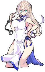 Rule 34 | 1girl, aqua eyes, bare arms, bare shoulders, blonde hair, braid, breasts, china dress, chinese clothes, closed mouth, covered navel, cropped legs, cuffs, dress, enpe, french braid, glasses, hair between eyes, handcuffs, highres, large breasts, long hair, looking at viewer, original, pelvic curtain, sepia (enpe), side slit, simple background, sleeveless, sleeveless dress, smile, solo, white background, white dress