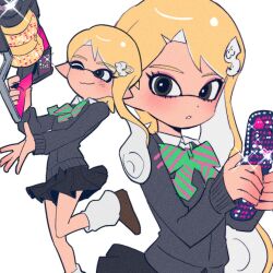 Rule 34 | .96 gal (splatoon), 1girl, ;3, blonde hair, bow, bowtie, brown footwear, cellphone, collared shirt, commentary request, film grain, flip phone, glint, green bow, green bowtie, grey eyes, grey skirt, gyaru, hair ornament, hairclip, hg swdiary, holding, holding phone, holding weapon, inkling, inkling girl, inkling player character, korean commentary, long hair, looking at viewer, miniskirt, multiple views, nintendo, one eye closed, parted bangs, parted lips, phone, pink bow, pink bowtie, pleated skirt, pointy ears, school uniform, shirt, simple background, skirt, splatoon (series), standing, standing on one leg, striped bow, striped bowtie, striped clothes, suction cups, tentacle hair, two-tone bow, two-tone bowtie, wavy hair, weapon, white background, white shirt