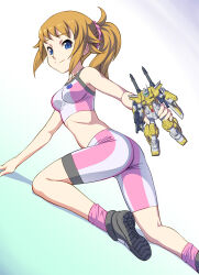 Rule 34 | 1girl, arm support, ass, bare shoulders, bike shorts, black footwear, blue eyes, blush, breasts, brown hair, closed mouth, collarbone, commentary request, dutch angle, fugetsu taku, gradient background, gundam, gundam build fighters, gundam build fighters try, gunpla, highres, holding, hoshino fumina, kneeling, long hair, looking at viewer, medium breasts, midriff, model kit, pink socks, pink sports bra, ponytail, powered gm cardigan, scrunchie, shadow, shoes, sidelocks, smile, socks, solo, sports bra, two-tone sports bra