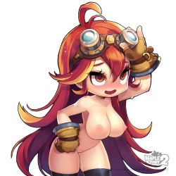 Rule 34 | 00s, 1girl, blush, breasts, chibi, goggles, goggles on head, happening18, large breasts, maplestory, maplestory 2, nipples, nude, open mouth, ophelia (maplestory 2), red eyes, red hair, simple background, smile, solo, uncensored, windy4th