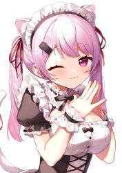 Rule 34 | 1girl, ;), alternate costume, animal ear fluff, animal ears, black dress, blush, breasts, cat ears, cat girl, cat tail, closed mouth, commentary request, dress, enmaided, hair ornament, hair ribbon, hairclip, hands up, long hair, maid, maid headdress, medium breasts, nijisanji, one eye closed, pink hair, puffy short sleeves, puffy sleeves, purple eyes, red ribbon, ribbon, shiina yuika, shiina yuika (5th costume), short sleeves, simple background, smile, solo, steepled fingers, tail, tail ornament, tail raised, tail ribbon, twintails, upper body, virtual youtuber, white background, wrist cuffs, yamabukiiro