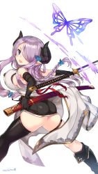 Rule 34 | 10s, 1girl, ass, back, bare shoulders, black footwear, black gloves, blue eyes, boots, braid, breasts, bug, butterfly, demon horns, draph, elbow gloves, gloves, granblue fantasy, hair ornament, hair over one eye, highres, holster, horns, bug, knee boots, kuro chairo no neko, large breasts, light purple hair, long hair, looking at viewer, looking back, narmaya (granblue fantasy), open mouth, partially fingerless gloves, pointy ears, sheath, simple background, single thighhigh, smile, solo, sword, thigh strap, thighhighs, twitter username, weapon, white background