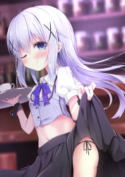 Rule 34 | 1girl, ;q, adapted uniform, black panties, black skirt, blue eyes, blue vest, blurry, blurry background, blush, closed mouth, clothes lift, collared shirt, commentary request, cup, depth of field, dutch angle, gochuumon wa usagi desu ka?, hair between eyes, hair ornament, highres, holding, holding tray, kafuu chino, kouda suzu, lifting own clothes, long hair, looking at viewer, looking to the side, midriff, navel, one eye closed, panties, puffy short sleeves, puffy sleeves, purple hair, rabbit house uniform, shirt, short sleeves, side-tie panties, skirt, skirt lift, smile, solo, teacup, tongue, tongue out, tray, underwear, very long hair, vest, white shirt, wrist cuffs, x hair ornament