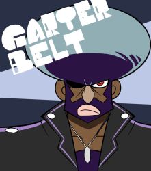 Rule 34 | 10s, 1boy, afro, beard, black hair, character name, dark skin, facial hair, formal, garterbelt (psg), gokuu (acoloredpencil), jewelry, looking at viewer, male focus, necklace, official style, panty &amp; stocking with garterbelt, red eyes, solo, suit