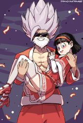 1boy 1girl black_hair blue_eyes bob_cut capelet carrying commentary dragon_ball dragon_ball_super dress english_commentary fake_beard fake_facial_hair gohan_beast grey_hair grin hairband highres husband_and_wife ironicnotsavage pectorals princess_carry red_capelet red_dress red_hairband santa_costume short_dress short_hair signature sleeves_past_wrists smile son_gohan sunglasses thighhighs videl white_thighhighs