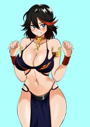 Rule 34 | 1girl, absurdres, armlet, bare shoulders, belly dancer, black hair, blue background, blue eyes, blush, bracer, breasts, chain, choker, cleavage, collarbone, cosplay, cowboy shot, feet out of frame, hair between eyes, highres, kill la kill, large breasts, legs, lips, looking at viewer, matoi ryuuko, medium hair, midriff, multicolored hair, navel, parted lips, pelvic curtain, red hair, short hair, simple background, slave leia (cosplay), solo, standing, streaked hair, sweat, teeth, thick thighs, thighs, wide hips, yellow choker