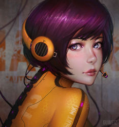 Rule 34 | 1girl, artist name, blue eyes, blush, bodysuit, closed mouth, eyeshadow, from side, guweiz, headphones, headset, hexagon, honeycomb pattern, light smile, lips, looking at viewer, looking to the side, makeup, purple hair, realistic, short hair, solo, wall