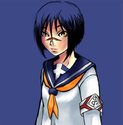 Rule 34 | 00s, blue hair, busou renkin, scar, school uniform, serafuku, tsumura tokiko, yellow eyes