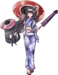 Rule 34 | 10s, 1girl, black hair, cannon, floral print, flower, full body, fusou (kancolle), fusou kai ni (kancolle), hair flower, hair ornament, hairpin, headband, japanese clothes, kantai collection, kimono, long sleeves, looking at viewer, machinery, obi, official art, red eyes, rikka (rikka331), sandals, sash, solo, standing, transparent background, turret, umbrella, wide sleeves