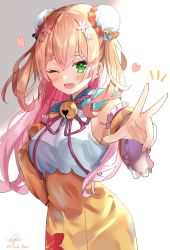 Rule 34 | absurdres, blonde hair, blush, breasts, chinese clothes, commentary request, detached sleeves, fang, green eyes, hair ornament, highres, hololive, large breasts, long hair, momosuzu nene, one eye closed, open mouth, signature, simple background, sinobi illust, solo, twitter username, v, virtual youtuber