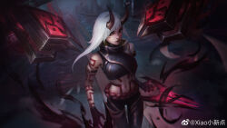 Rule 34 | 1girl, arm tattoo, artist name, black gloves, black pants, breasts, building, chest tattoo, cleavage, demon horns, detached wings, expressionless, facial tattoo, gloves, highres, horns, inkshadow kai&#039;sa, kai&#039;sa, league of legends, looking at viewer, medium breasts, medium hair, navel, official alternate costume, official alternate hairstyle, outdoors, pants, path, red eyes, road, single bare shoulder, solo, standing, stomach tattoo, tattoo, white hair, wings, xiaoxindian