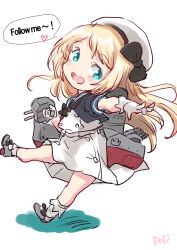 Rule 34 | 1girl, adapted turret, black neckerchief, blonde hair, blue eyes, blue sailor collar, cannon, commentary request, dress, english text, fuji (pixiv24804665), gloves, hat, highres, jervis (kancolle), kantai collection, looking at viewer, machinery, neckerchief, open mouth, round teeth, sailor collar, sailor dress, sailor hat, short sleeves, simple background, smile, solo, teeth, turret, upper teeth only, white background, white dress, white gloves, white hat