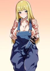 Rule 34 | 1girl, arms behind back, bad id, bad twitter id, blonde hair, blue eyes, blush, breasts, censored, cleavage, collared shirt, cowboy shot, echigoya takeru, erection, eyelashes, futanari, highres, large breasts, large penis, long hair, looking at viewer, naked overalls, nipples, open clothes, open shirt, original, overalls, penis, plaid, plaid shirt, shirt, simple background, sleeves rolled up, smile, solo