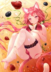 Rule 34 | 1girl, animal ears, ass, bare shoulders, barefoot, berry, bikini, blush, breasts, cat ears, cat girl, cat tail, closed mouth, feet, floating, floating hair, flower, frilled bikini, frills, full body, green ribbon, hair flower, hair ornament, hair ribbon, highres, large breasts, long hair, looking at viewer, low twintails, nail polish, original, pink eyes, pink hair, pink nails, ribbon, side-tie bikini bottom, sidelocks, smile, solo, striped bikini, striped clothes, sukemyon, swimsuit, tail, thigh strap, toenail polish, toenails, toes, twintails, underwater, very long hair