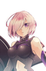 Rule 34 | 1girl, breasts, expressionless, fate/grand order, fate (series), hair over one eye, looking at viewer, lord camelot (fate), mash kyrielight, medium breasts, pink hair, purple eyes, ro96cu, shield, short hair, solo, upper body