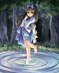 Rule 34 | 1girl, adworse, apron, barefoot, black hair, bow, clothes lift, dress, dress lift, female focus, full body, hair bow, highres, long hair, night, ribbon, skirt hold, smile, solo, standing, standing on liquid, standing on one leg, star sapphire, touhou, tree, water, yellow eyes