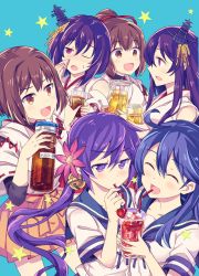 Rule 34 | 10s, 6+girls, :d, ^ ^, ahoge, akebono (kancolle), bell, black hair, blush, brown eyes, brown hair, closed eyes, collarbone, cup, detached sleeves, drinking, drinking glass, drinking straw, closed eyes, flower, food, fruit, fusou (kancolle), hair bell, hair between eyes, hair flower, hair ornament, hair ribbon, headgear, hyuuga (kancolle), ise (kancolle), japanese clothes, kantai collection, long hair, looking to the side, multiple girls, nontraditional miko, one eye closed, open mouth, pleated skirt, ponytail, purple eyes, purple hair, red eyes, ribbon, school uniform, serafuku, short hair, short sleeves, side ponytail, simple background, skin tight, skirt, smile, star (symbol), strawberry, takitarou, undershirt, ushio (kancolle), yamashiro (kancolle)