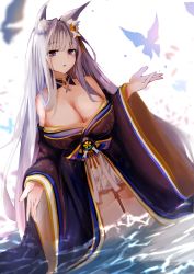 Rule 34 | 1girl, animal ear fluff, animal ears, azur lane, bad id, bad pixiv id, bare shoulders, blue butterfly, blue kimono, breasts, bug, butterfly, cleavage, highres, huge breasts, insect, japanese clothes, kimono, long hair, looking at viewer, off shoulder, purple eyes, raru (nanaharararu), shinano (azur lane), solo, thighhighs, very long hair, white hair, white thighhighs, wide sleeves