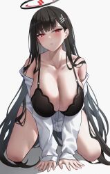 Rule 34 | 1girl, absurdres, all fours, bare shoulders, black bra, black hair, blue archive, blush, bra, breasts, cleavage, collarbone, full body, grey background, hair ornament, halo, highres, large breasts, long hair, long sleeves, looking at viewer, off shoulder, parted lips, red eyes, rio (blue archive), shirt, simple background, thighs, underwear, very long hair, white shirt, yukiaka