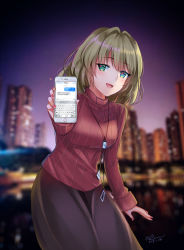 Rule 34 | 1girl, :d, blue eyes, blurry, blurry background, blush, breasts, building, cellphone, english text, evening, green eyes, heart, heterochromia, highres, holding, holding phone, idolmaster, idolmaster cinderella girls, idolmaster cinderella girls starlight stage, iphone, kevn, light brown hair, lights, long skirt, long sleeves, looking at viewer, medium breasts, mole, mole under eye, nail polish, open mouth, outdoors, phone, fake phone screenshot, ribbed sweater, short hair, sidelocks, signature, skirt, smartphone, smile, sweater, takagaki kaede, text messaging