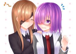 Rule 34 | 2girls, black-framed eyewear, blush, brown hair, collared shirt, commentary request, eighth note, eyepatch, facing another, fate/grand order, fate (series), flying sweatdrops, glasses, hair over one eye, hand on another&#039;s shoulder, highres, long hair, long sleeves, looking at another, mash kyrielight, medium hair, mitsuki (mitsuki13yoi), multiple girls, musical note, necktie, no nose, open mouth, ophelia phamrsolone, purple eyes, purple hair, red neckwear, shirt, smile, upper body, wavy mouth, yuri