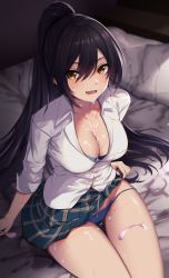 Rule 34 | 1girl, absurdres, aftersex, arm support, bed, black hair, blue bra, blue panties, bra, breasts, cleavage, collared shirt, condom, cum, cum on body, cum on breasts, cum on clothes, cum on upper body, dress shirt, hair between eyes, high ponytail, highres, idolmaster, idolmaster shiny colors, large breasts, miniskirt, open mouth, panties, pillow, plaid, plaid skirt, ponytail, school uniform, shirase sakuya, shirt, sitting, skirt, sleeves rolled up, thighs, underwear, used condom, white shirt, yellow eyes, yigra don