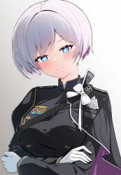 Rule 34 | + +, 1girl, absurdres, arms under breasts, black cape, black dress, blue eyes, blush, breasts, cape, closed mouth, colored inner hair, dress, earrings, gloves, goddess of victory: nikke, head tilt, highres, jewelry, liliweiss (nikke), looking at viewer, medium breasts, military uniform, multicolored hair, pink hair, purple cape, short hair, simple background, smile, solo, star-shaped pupils, star (symbol), symbol-shaped pupils, two-tone cape, uniform, upper body, white gloves, white hair, yuyuchi (gyazaa)