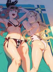 Rule 34 | 2girls, :d, arm garter, armpits, arms up, ass, bikini, blonde hair, bow, breasts, brown hair, cagliostro (granblue fantasy), clarisse (granblue fantasy), eyewear on head, granblue fantasy, green eyes, hair bow, hairband, long hair, looking at viewer, looking back, lying, multiple girls, navel, on back, on stomach, one-piece swimsuit, open mouth, ponytail, purple eyes, red bikini, side-tie bikini bottom, small breasts, smile, sunao (souis), sunglasses, swimsuit, very long hair, white one-piece swimsuit