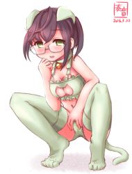 Rule 34 | 10s, 1girl, 2016, animal ears, bare shoulders, bell, between legs, blue-framed eyewear, blush, bra, breasts, brown hair, cat cutout, cat ear panties, cat ears, cat lingerie, cat tail, choker, cleavage cutout, clothing cutout, collar, dated, fake animal ears, fake tail, frilled bra, frills, glasses, green bra, green eyes, green panties, green thighhighs, hand between legs, highres, jingle bell, kanon (kurogane knights), kantai collection, kupaa, meme attire, navel, neck bell, okinami (kancolle), open mouth, panties, short hair, simple background, small breasts, solo, squatting, stomach, tail, thighhighs, underwear, underwear only, white background