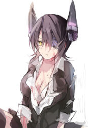 Rule 34 | 10s, 1girl, black hair, blood, bra, breasts, cleavage, eyepatch, headgear, injury, kantai collection, large breasts, nazuka (mikkamisaki), personification, short hair, sitting, sketch, solo, tenryuu (kancolle), torn clothes, underwear, yellow eyes