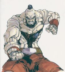 Rule 34 | 1boy, andy seto, beard, brown pants, chest hair, chinese commentary, clenched hands, clenched teeth, commentary request, facial hair, grey eyes, male focus, mechanization, mohawk, pants, robot, solo, street fighter, teeth, topless male, zangief