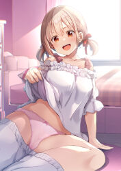 Rule 34 | :d, arm support, bed, blonde hair, blurry, blurry background, clothes lift, hair ribbon, highres, indoors, lifting own clothes, low twintails, lycoris recoil, navel, nishikigi chisato, off-shoulder shirt, off shoulder, open mouth, panties, pink panties, reclining, red eyes, red ribbon, ribbon, shirt, short hair, short twintails, sitting, sleepwear, smile, tsumiki mc, twintails, underwear
