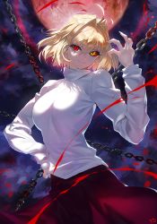 Rule 34 | 00s, 1girl, ahoge, arcueid brunestud, blonde hair, breasts, chain, colored sclera, fingernails, gradient background, hair intakes, hand on own hip, heterochromia, large breasts, light smile, long fingernails, looking at viewer, melty blood, moon, purple skirt, red arcueid, red eyes, red moon, red sclera, short hair, signature, skirt, slit pupils, solo, sweater, tsukihime, yd (orange maru), yellow eyes