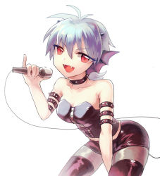 Rule 34 | 00s, 1girl, ahoge, blue hair, fang, horns, im (inuboe), mermaid melody pichi pichi pitch, microphone, mimi (mermaid melody pichi pichi pitch), red eyes, short hair, simple background, solo, white background